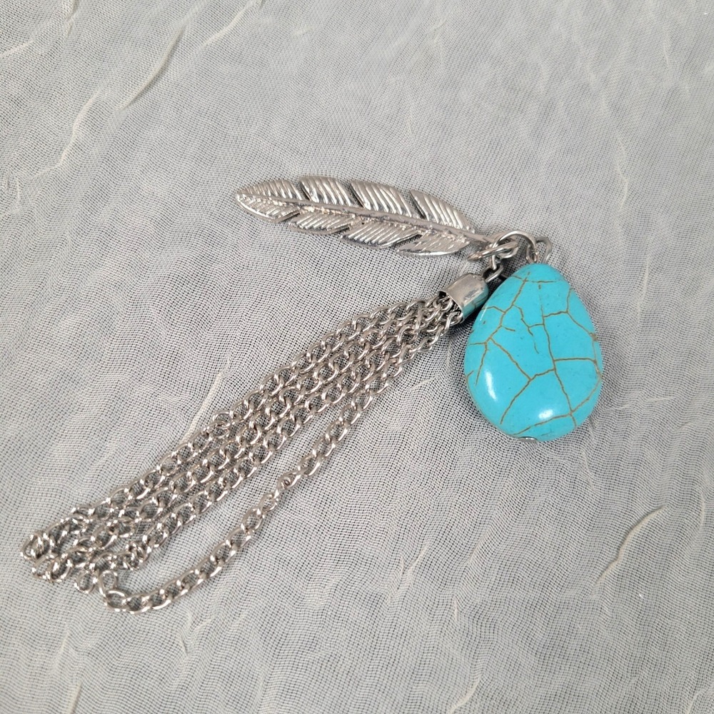 Feather Tassel Pendant Silver Tone Blue Stone Southwestern Style Bohemian